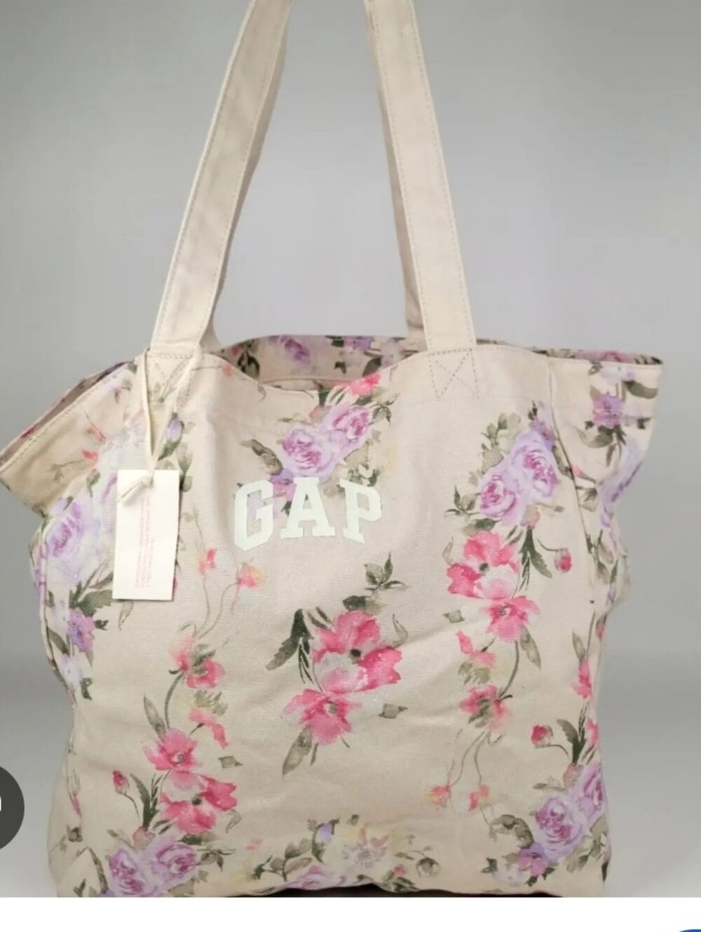 NWOT GAP X LoveShackFancy Cream Canvas Tote with Pink & Purple Floral Print